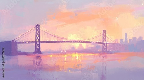 A serene sunset view of a bridge over water, with soft colors and city skyline in the background.