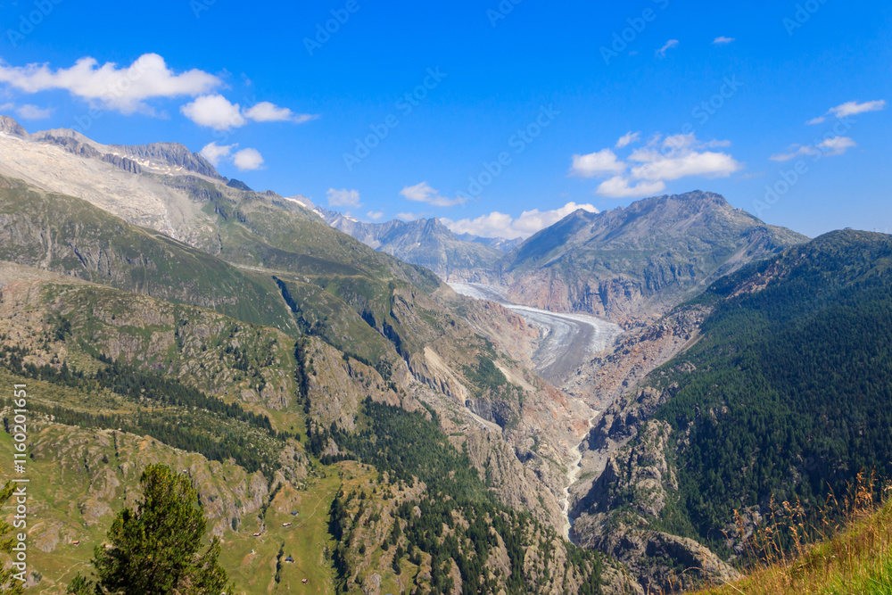 Fototapeta premium Scenic view on Great Aletsch Glacier in Valais canton, Switzerland. View from Belalp village
