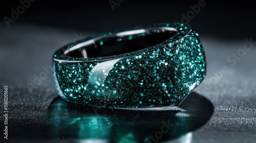 Teal glitter resin ring on dark background.