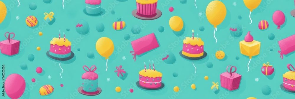 Seamless pattern of birthday cakes, balloons, gifts, and cupcakes on a teal background. Seamless pattern of birthday cakes, balloons, gifts, and cupcakes on a teal background.