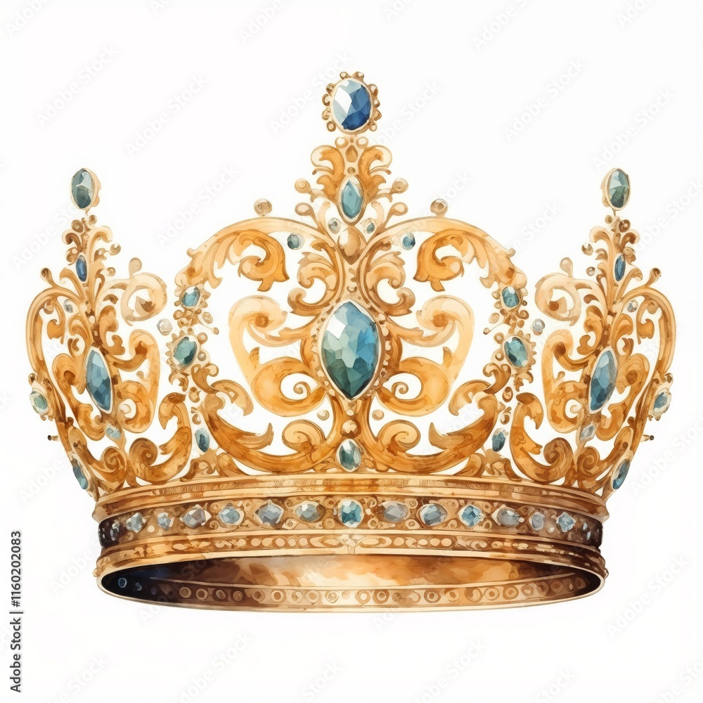 Golden crown with blue gemstones isolated on white background.Epiphany celebration. Golden crown. Symbol of luxury and regality for holiday illustrations.Royal elegance. Majestic crown. Epiphany luxur Golden crown with blue gemstones isolated on white background.Epiphany celebration. Golden crown. Symbol of luxury and regality for holiday illustrations.Royal elegance. Majestic crown. Epiphany luxur