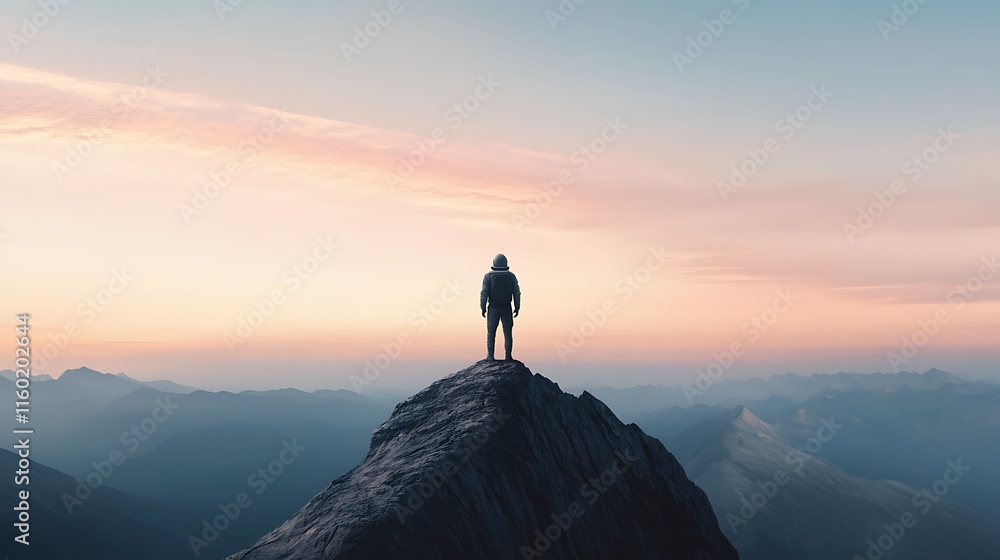 Fototapeta premium A solitary astronaut stands on the precipice of a vast crater, contemplating the expansive landscape under a serene sky bathed in soft colors during twilight.