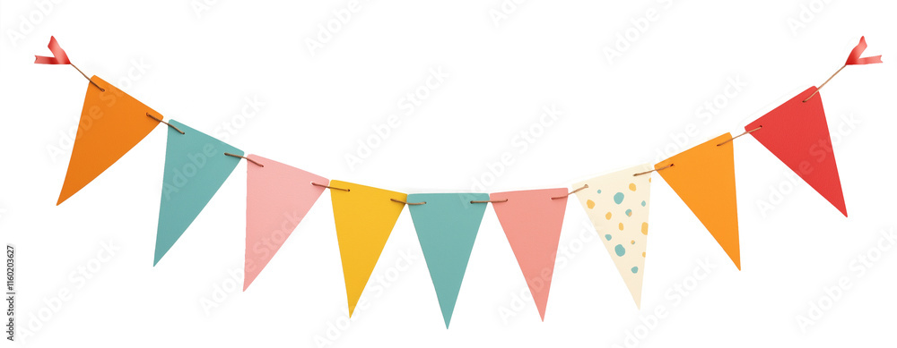 Fototapeta premium Festive triangular bunting flags, aligned horizontally with bright colors. Isolated on transparent background, perfect for celebrations, parties, and decor projects
