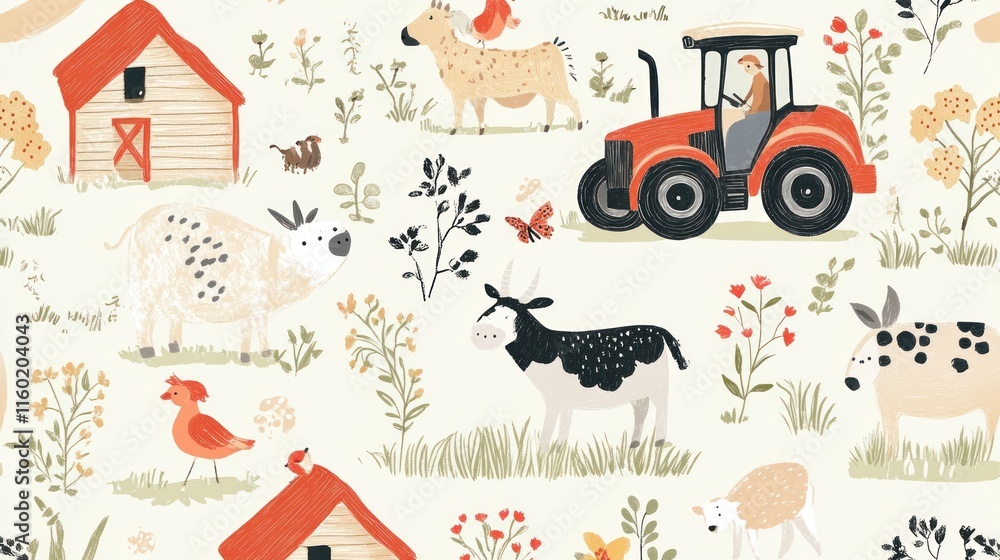 Naklejka premium Seamless farm pattern with animals, tractor, and barn.