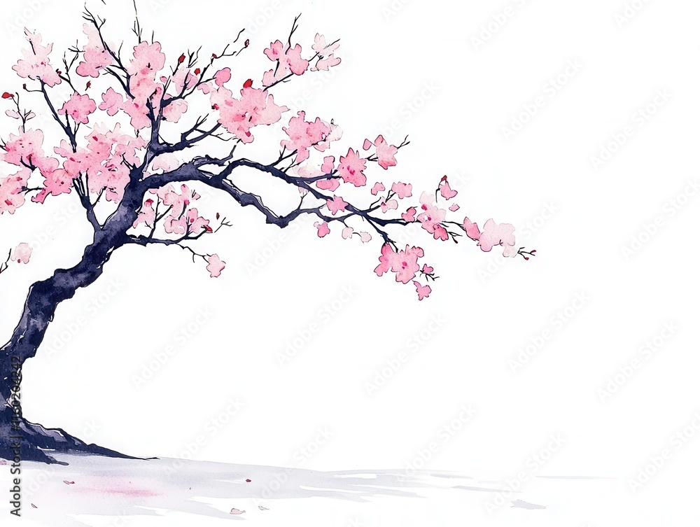 Fototapeta premium Blossoming cherry tree pathway serene nature scene artistic minimalist background tranquil viewpoint