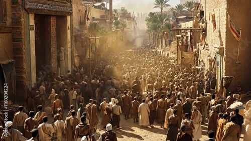 A wide shot of the streets in ancient Egypt with thousands of people, wearing brown and beige , in disorderly chaos. A large crowd is moving towards an open door on one side of the street.