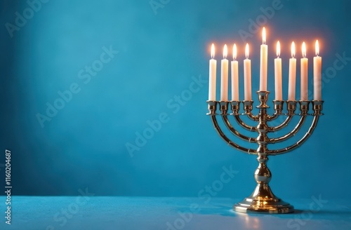 Mockup of a sparkling menorah with glowing candles placed on the soft blue gradient background