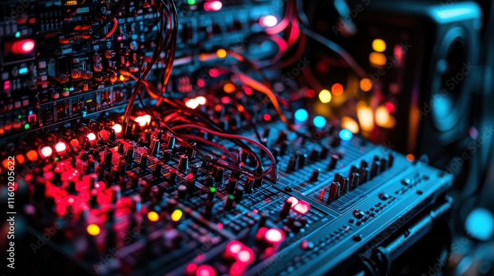 Fototapeta premium Close-up of a complex sound mixing console with numerous knobs, buttons, and wires illuminated in red and blue light.