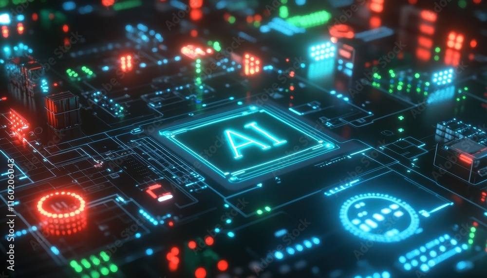 Futuristic AI Circuit Board Neon Lights Glow Futuristic AI Circuit Board Neon Lights Glow