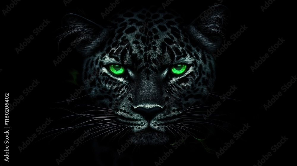 Close-up portrait of a black jaguar with glowing green eyes in the dark. Close-up portrait of a black jaguar with glowing green eyes in the dark.