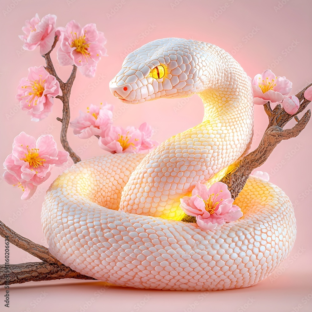 Fototapeta premium Elegant White Snake Coiled Around a Branch with Pink Flowers, Illuminated with Soft Light