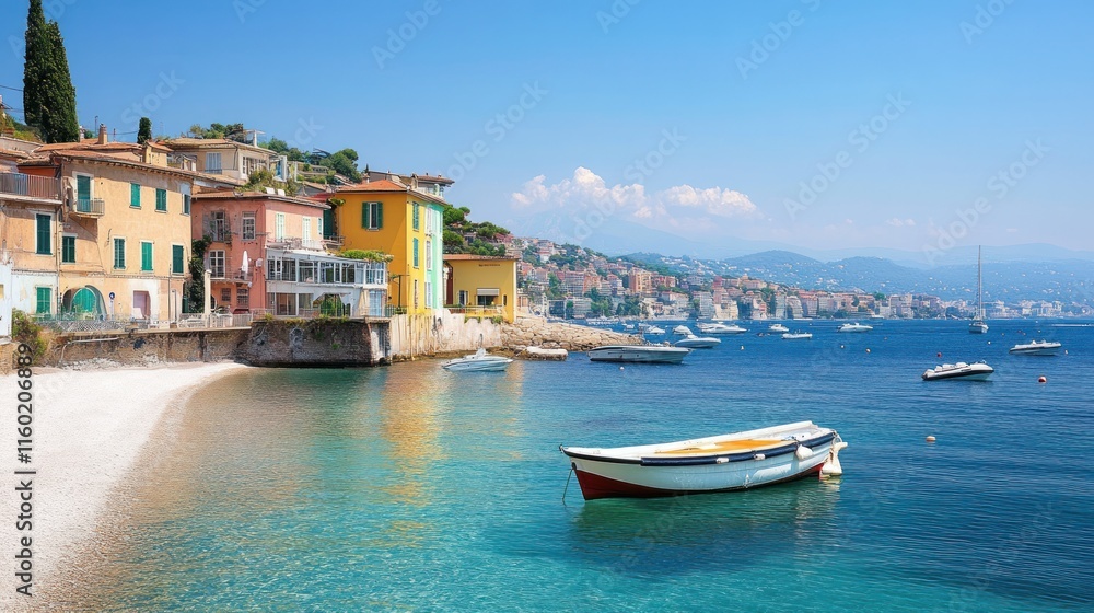 Colorful houses on a pebble beach, boats in calm turquoise water, sunny summer day. Colorful houses on a pebble beach, boats in calm turquoise water, sunny summer day.