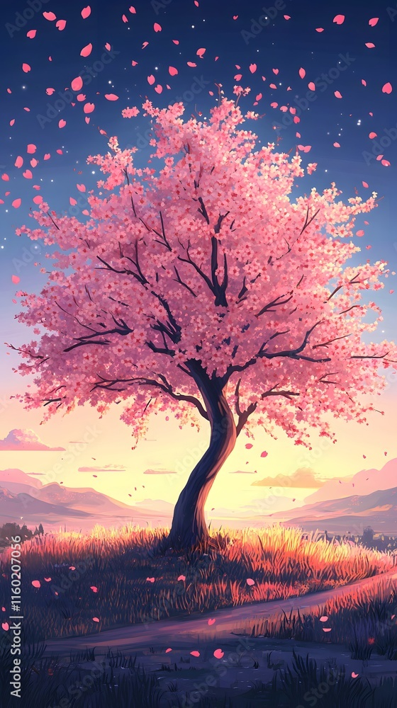 A magnificent and beautiful cherry blossom tree standing alone, with a beautiful view A magnificent and beautiful cherry blossom tree standing alone, with a beautiful view