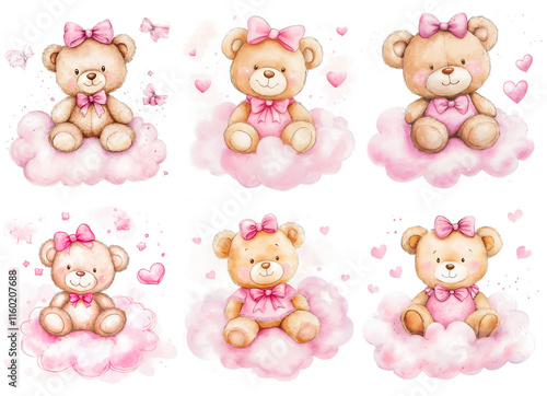 A set of six illustrations, cute bears in pink clothes. Children's theme. Watercolor drawing