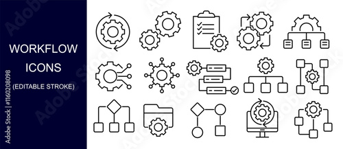 workflow icon set. editable stroke thin line vector icons. 