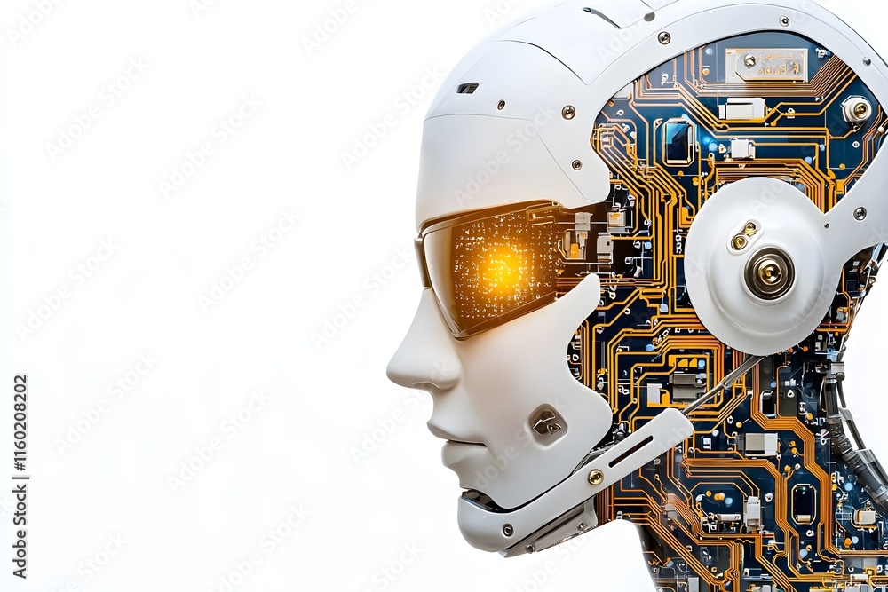 Close-up profile view of a futuristic robot head, showcasing intricate circuit boards and glowing optical sensors. Close-up profile view of a futuristic robot head, showcasing intricate circuit boards and glowing optical sensors.