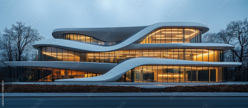 Naklejka premium Curvaceous Architectural Marvel: A Modern Building at Dusk