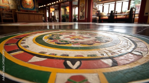 Colorful mandala on a polished floor in a serene temple setting.