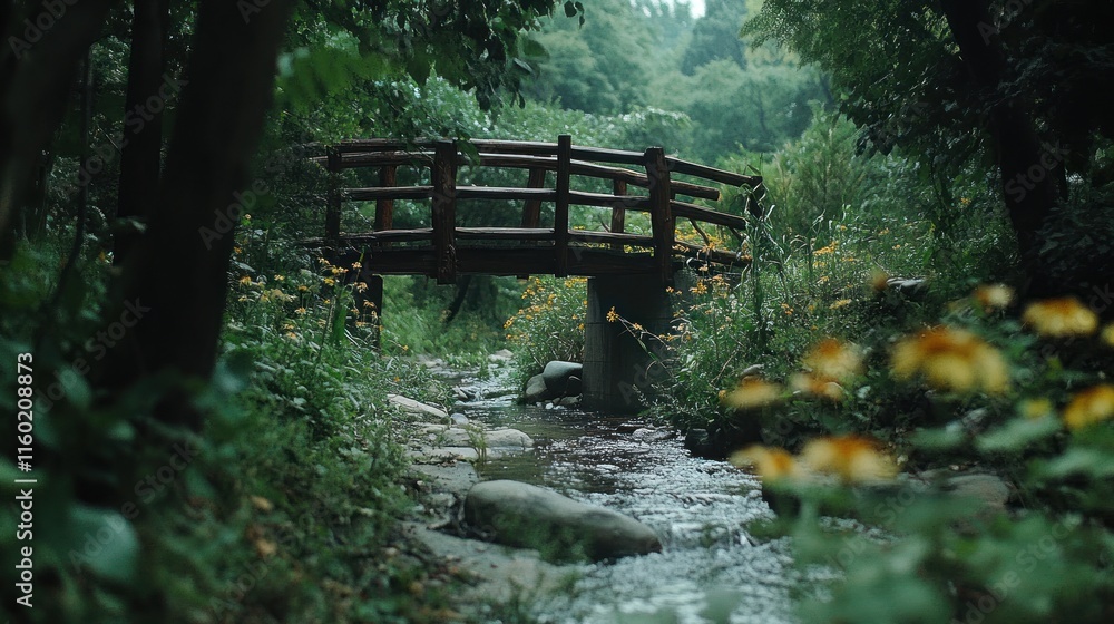 Wooden bridge over a tranquil stream in a lush green forest. Wooden bridge over a tranquil stream in a lush green forest.