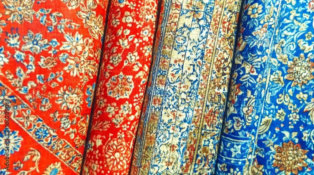 Vibrant textiles showcasing intricate floral patterns in red, gold, and blue. Vibrant textiles showcasing intricate floral patterns in red, gold, and blue.