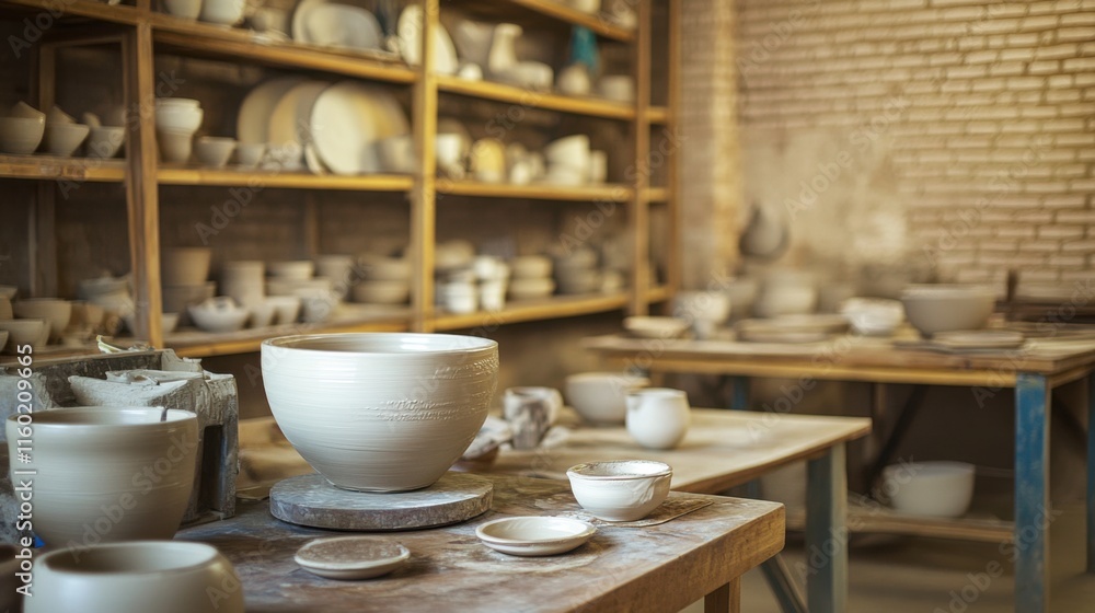 A serene pottery workshop with pottery wheels and clay, Pottery tools arranged around workstations, Artisanal workshop style A serene pottery workshop with pottery wheels and clay, Pottery tools arranged around workstations, Artisanal workshop style