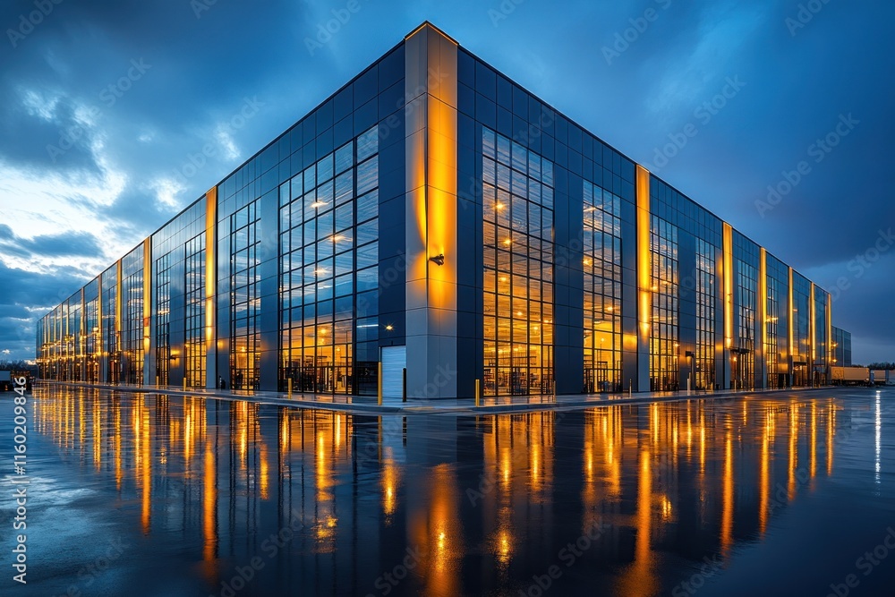 Fototapeta premium Modern Architectural Marvel: Nighttime Reflection of a Sleek Warehouse