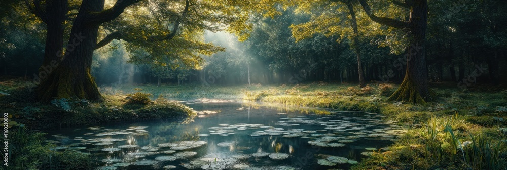 Sunlit forest pond with lily pads, trees, and lush greenery. Sunlit forest pond with lily pads, trees, and lush greenery.