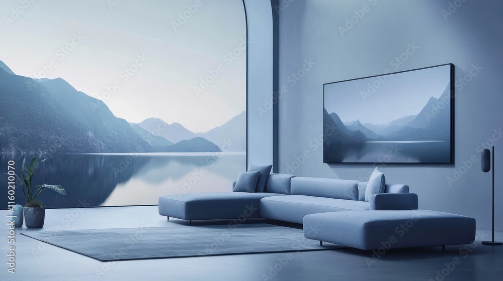 Fototapeta premium Modern living room with large window overlooking serene lake and mountains; minimalist design.