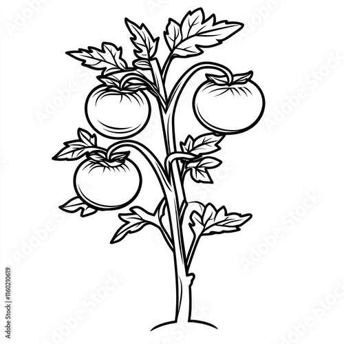 Line art drawing of a tomato plant with three ripe tomatoes.