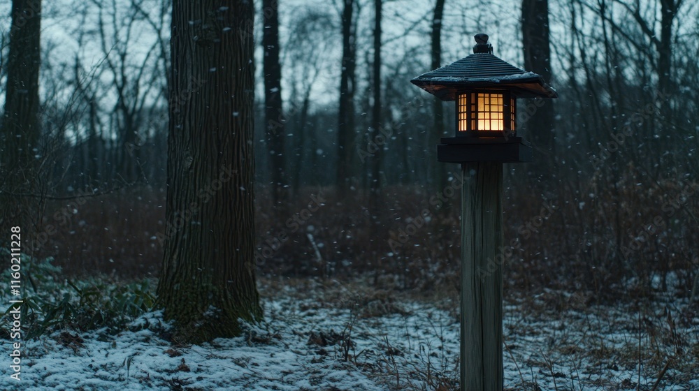 Illuminated lantern on a snowy forest path at dusk. Illuminated lantern on a snowy forest path at dusk.