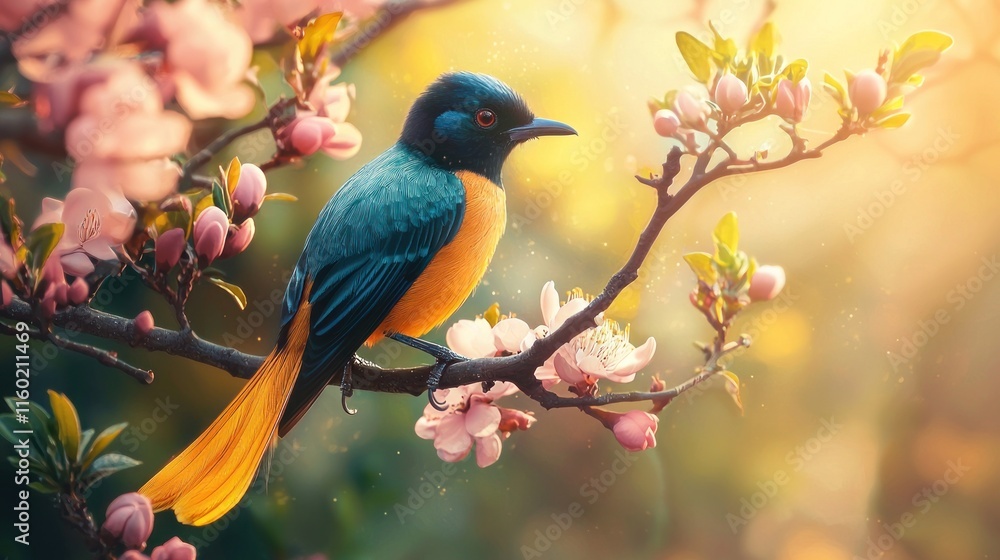 Fototapeta premium Vibrant bird perched on blossoming branch.