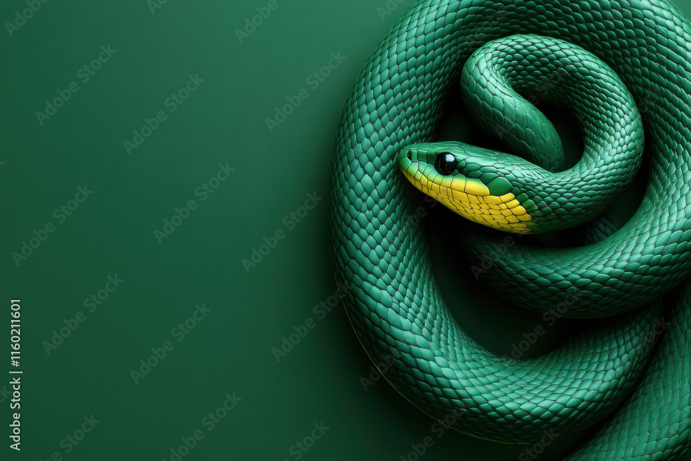 Obraz premium Coiled Green Snake on Deep Green Backdrop, Space for Text