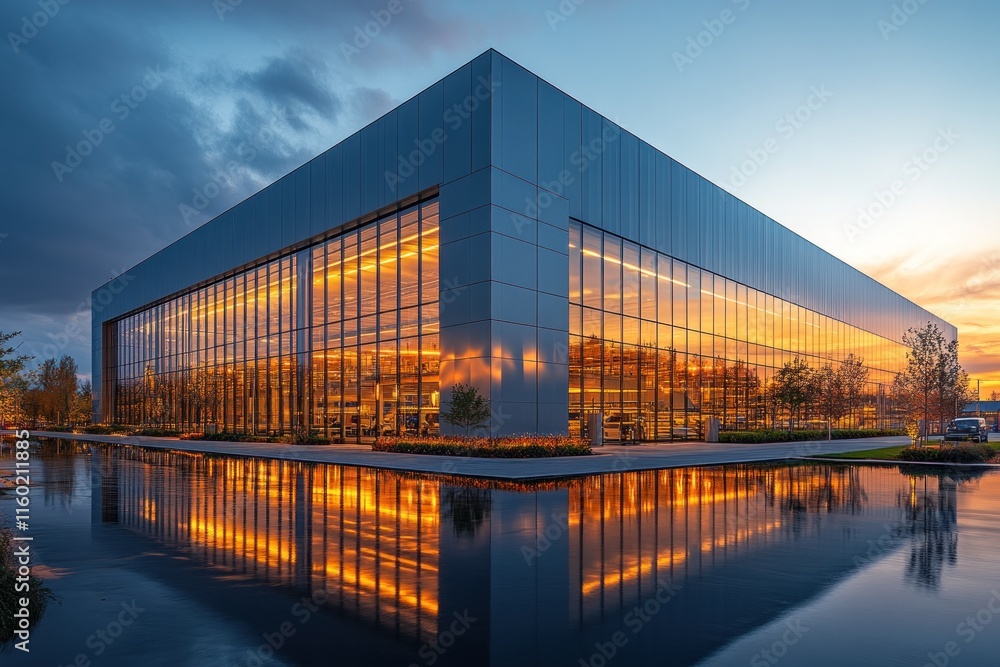 Modern Architectural Marvel: Glass Facade Building Reflecting Sunset Modern Architectural Marvel: Glass Facade Building Reflecting Sunset