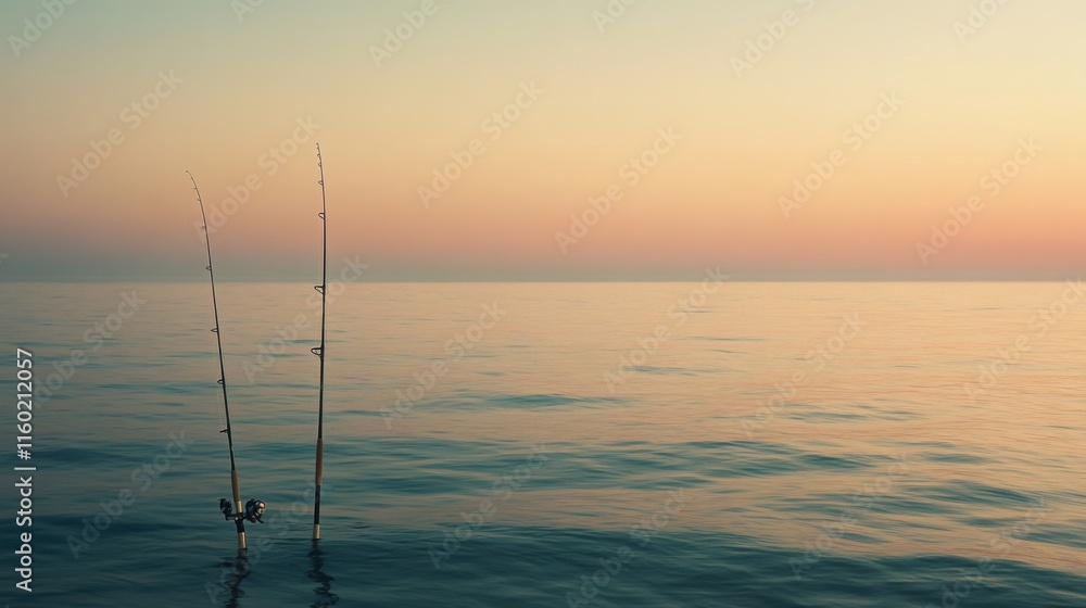A serene sea fishing spot at sunrise, Fishing rods against calm ocean waters, Coastal tranquility style A serene sea fishing spot at sunrise, Fishing rods against calm ocean waters, Coastal tranquility style