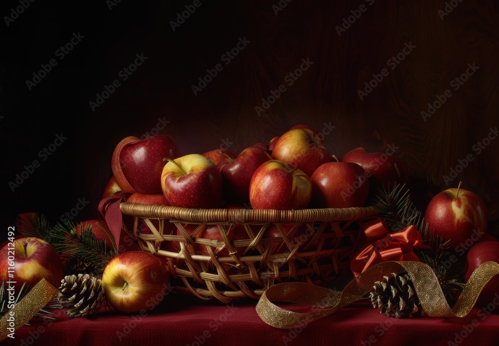 Vibrant apples arranged in a wicker basket with pinecones and colorful ribbons for decoration. Apple Gifting Day Vibrant apples arranged in a wicker basket with pinecones and colorful ribbons for decoration. Apple Gifting Day