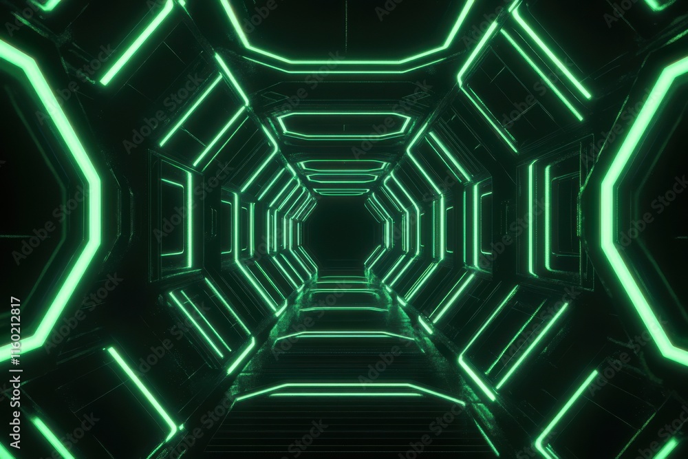 Futuristic corridor illuminated by green neon lights at night, showcasing modern design and technology Futuristic corridor illuminated by green neon lights at night, showcasing modern design and technology