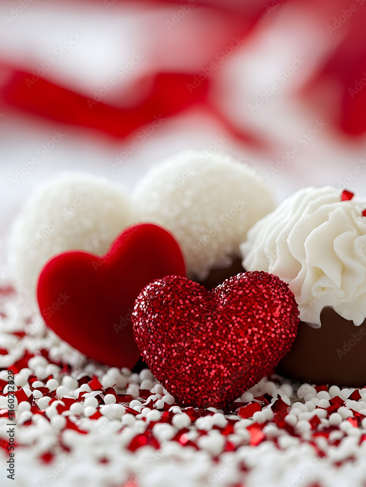 Fototapeta premium Elegant Red and White Heart-Shaped Sweets on Festive Background with Romantic Vibes : Generative AI