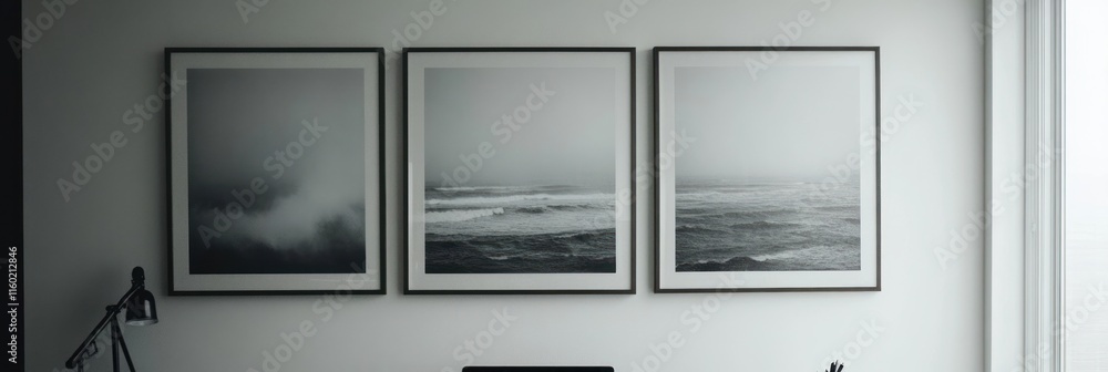 Triptych of grayscale coastal landscape photography in modern minimalist interior. Triptych of grayscale coastal landscape photography in modern minimalist interior.