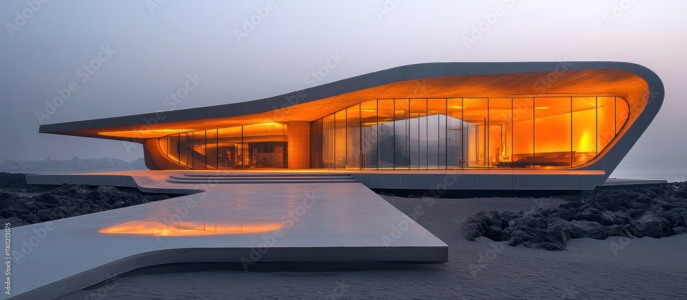 Fototapeta premium Coastal Modern Architecture: A Stunning Beachside Pavilion at Dusk