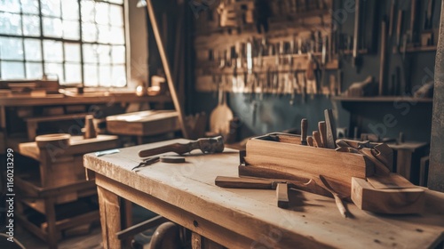 A serene woodworking workshop with hand tools and woodcraft projects, Artisanal carpentry craftsmanship style, photo of