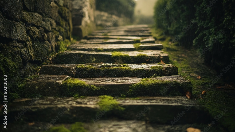 Mossy stone steps leading upward through a garden. Mossy stone steps leading upward through a garden.