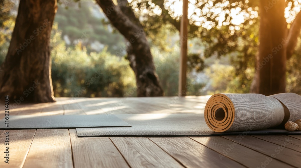 A serene yoga retreat with yoga mats and natural surroundings, Yoga and wellness practice style, photo of A serene yoga retreat with yoga mats and natural surroundings, Yoga and wellness practice style, photo of
