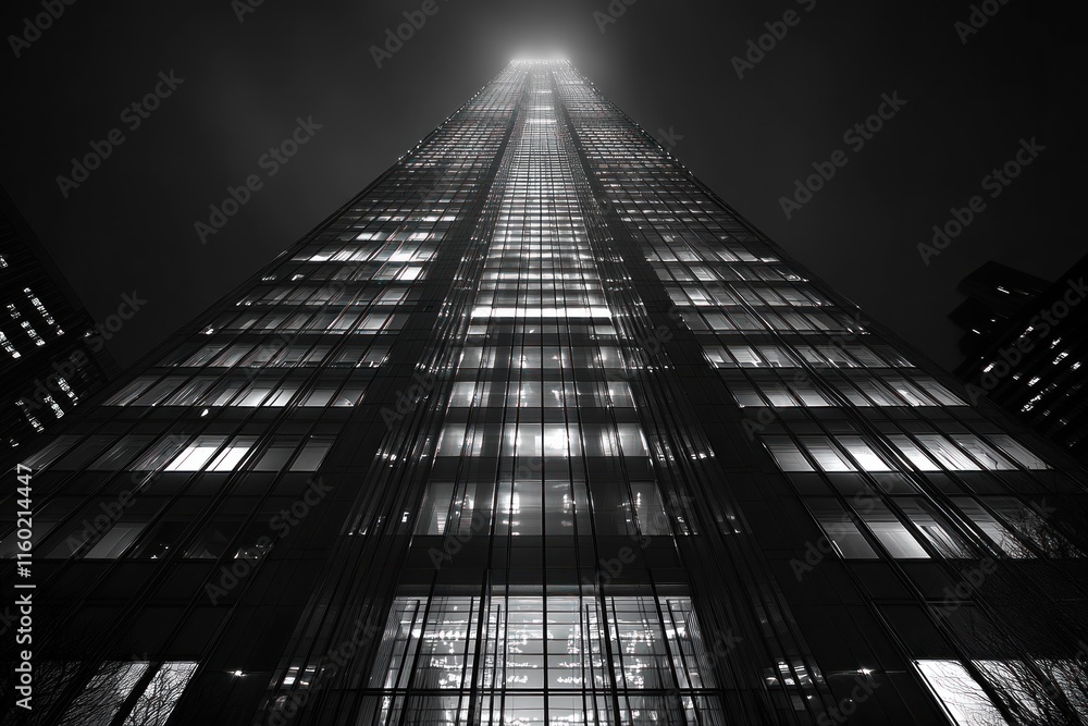 Fototapeta premium Night Skyscraper: A Monochrome Ascent