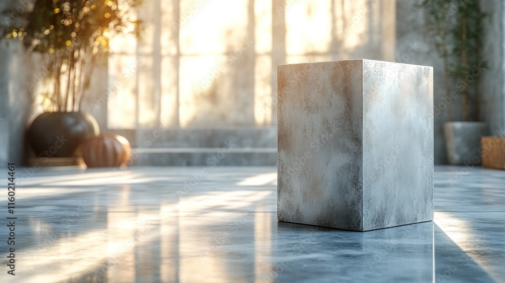 Sunlit Concrete Cube in Modern Interior