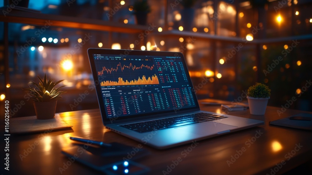 Laptop with Stock Market Tracker in a Modern Office. Generative AI Laptop with Stock Market Tracker in a Modern Office. Generative AI