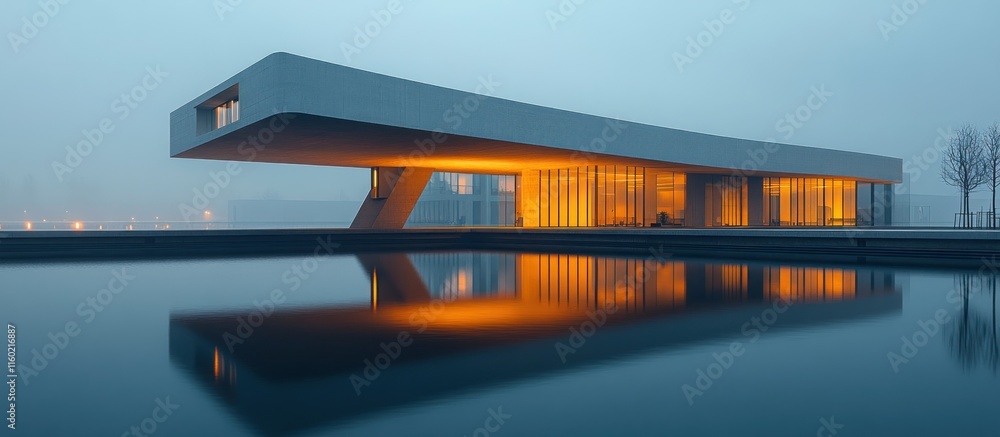 Modern Architecture Reflecting in Calm Water at Dusk Modern Architecture Reflecting in Calm Water at Dusk