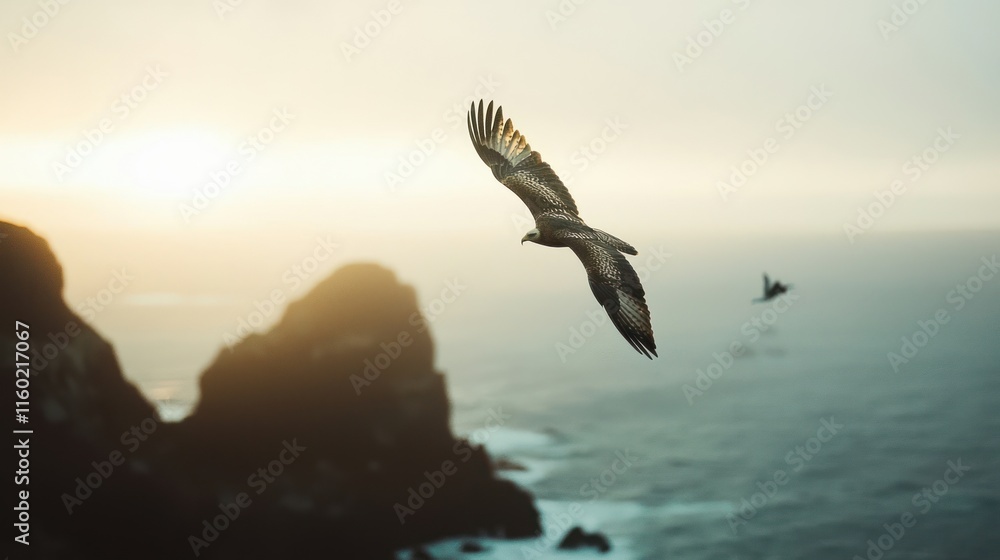 Fototapeta premium Majestic bird soaring over ocean cliffs at sunset.