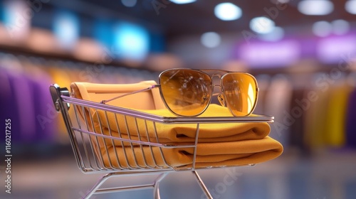 Shopping Cart with Sunglasses and Stylish Clothing in Fashion Store. Generative AI photo