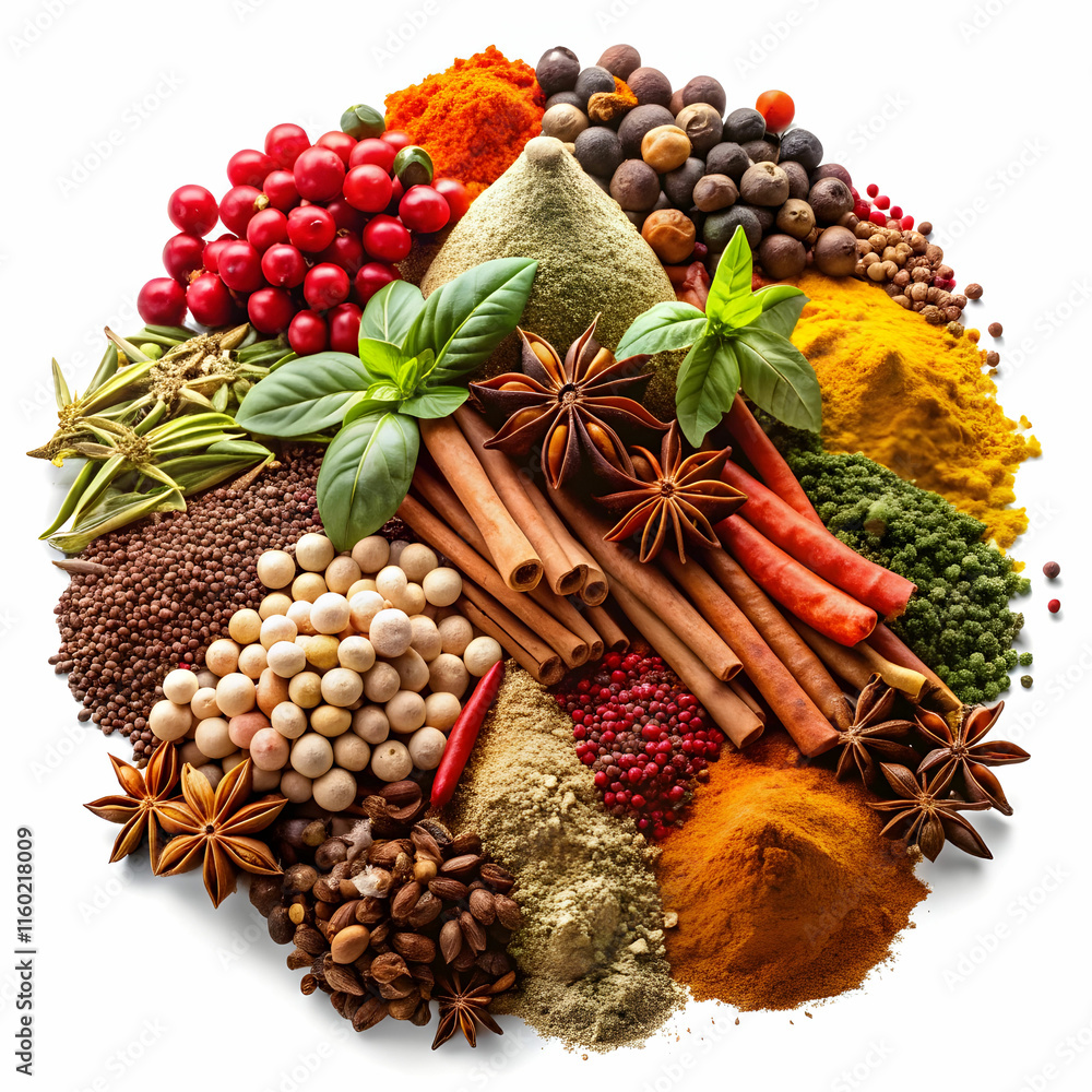 A collection of various spices is arranged in a heap, displaying a rich mix of colors and textures A collection of various spices is arranged in a heap, displaying a rich mix of colors and textures