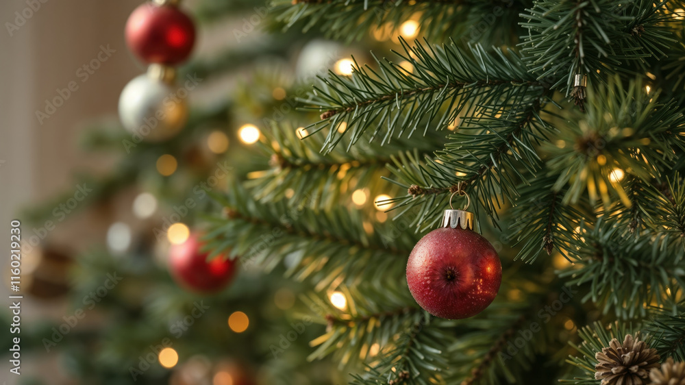 Close-Up of a Decorated Christmas Tree with Festive Ornaments Close-Up of a Decorated Christmas Tree with Festive Ornaments